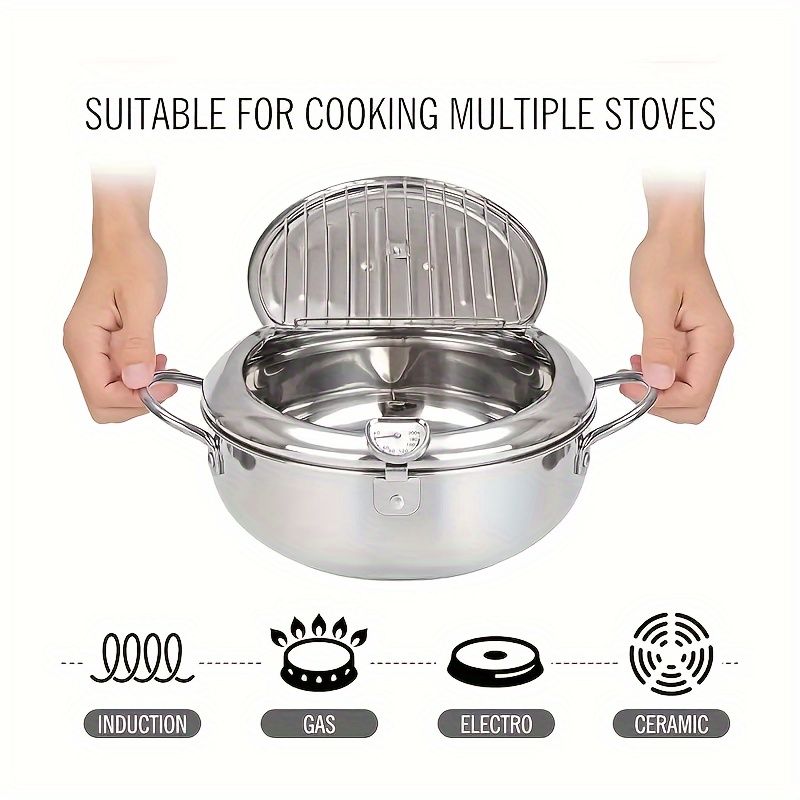 Stainless Steel Tempura Deep Fryer Pot with Thermometer and Drainer Rack