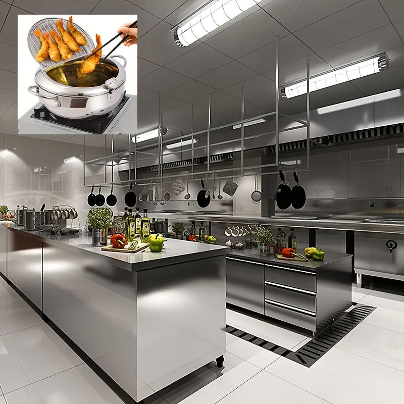 Stainless Steel Tempura Deep Fryer Pot with Thermometer and Drainer Rack