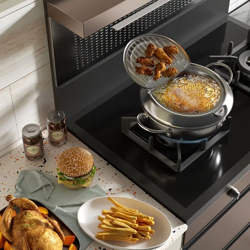 Stainless Steel Tempura Deep Fryer Pot with Thermometer and Drainer Rack