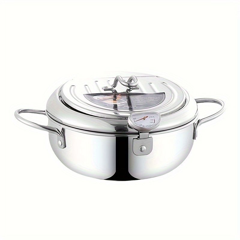 Stainless Steel Tempura Deep Fryer Pot with Thermometer and Drainer Rack