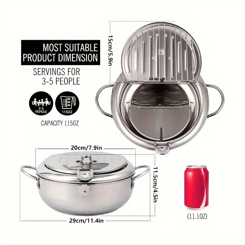 Stainless Steel Tempura Deep Fryer Pot with Thermometer and Drainer Rack