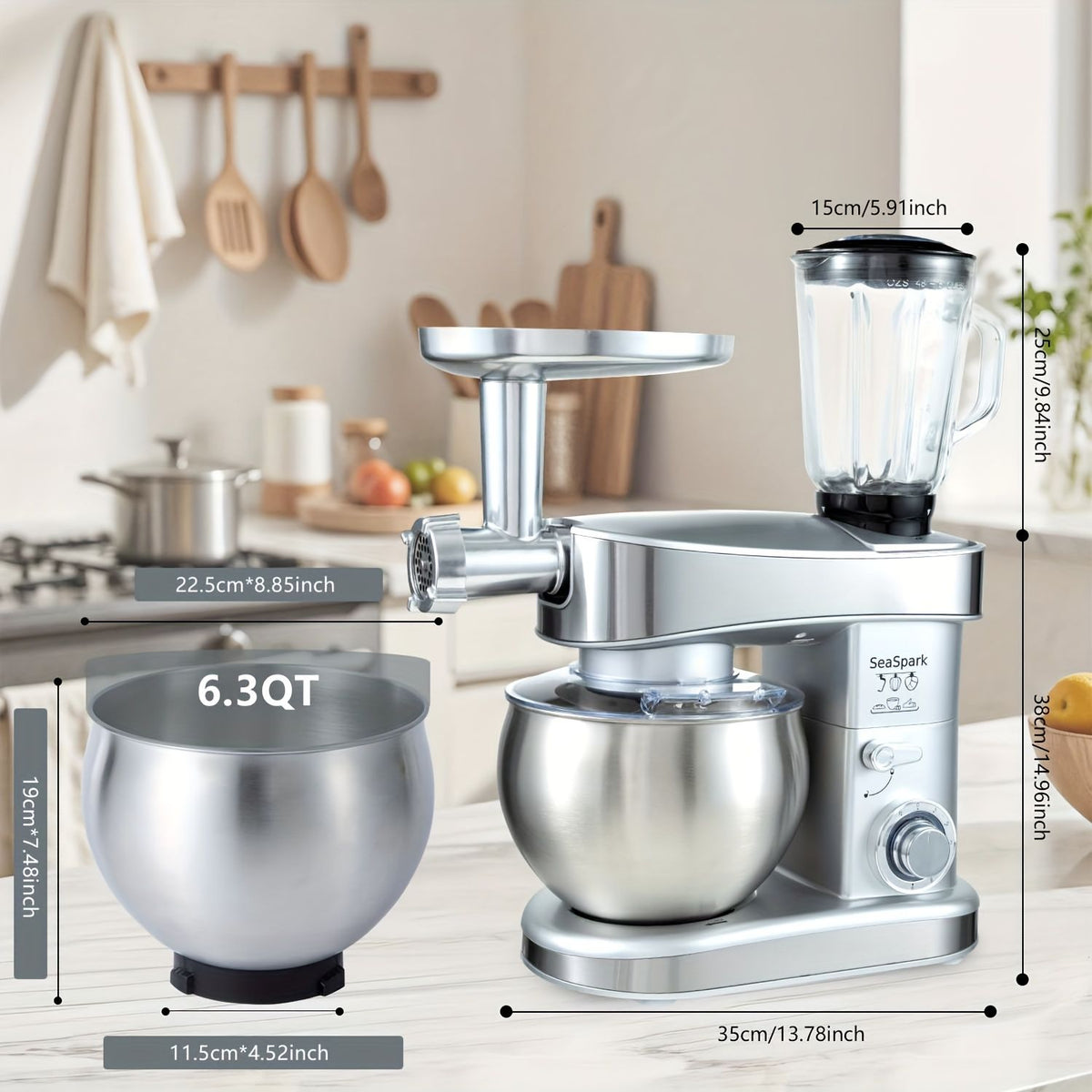 6-in-1 Electric Stand Mixer with 6.3-Quart Stainless Steel Bowl