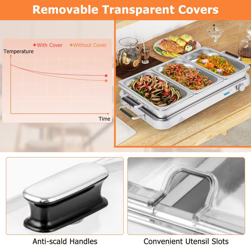 8-Quart Stainless Steel 3-Tray Electric Buffet Server and Warming Tray